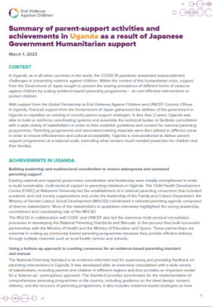 Summary of parent-support activities and achievements in Uganda as a result of Japanese Government Humanitarian support